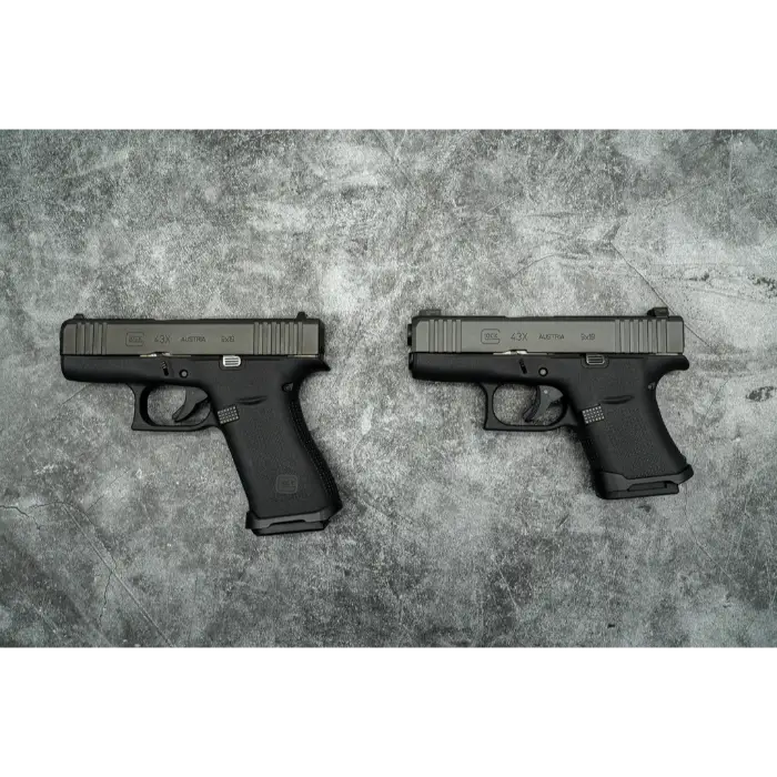 Custom S10 Series Glock 43X MOS next to a factory Glock 43X, showing the shorter grip